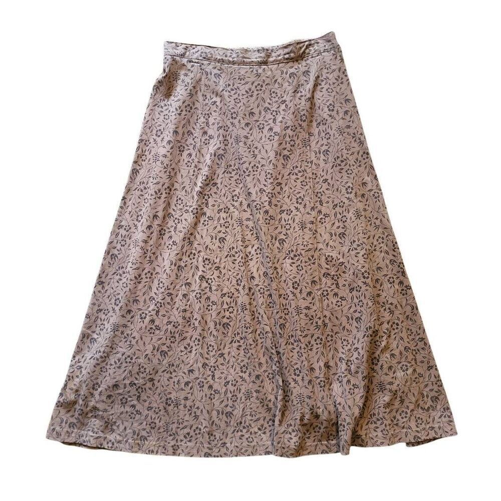Vintage 90s L.L. Bean Skirt Women's Large Brown Floral Print Midi Cotton Jersey